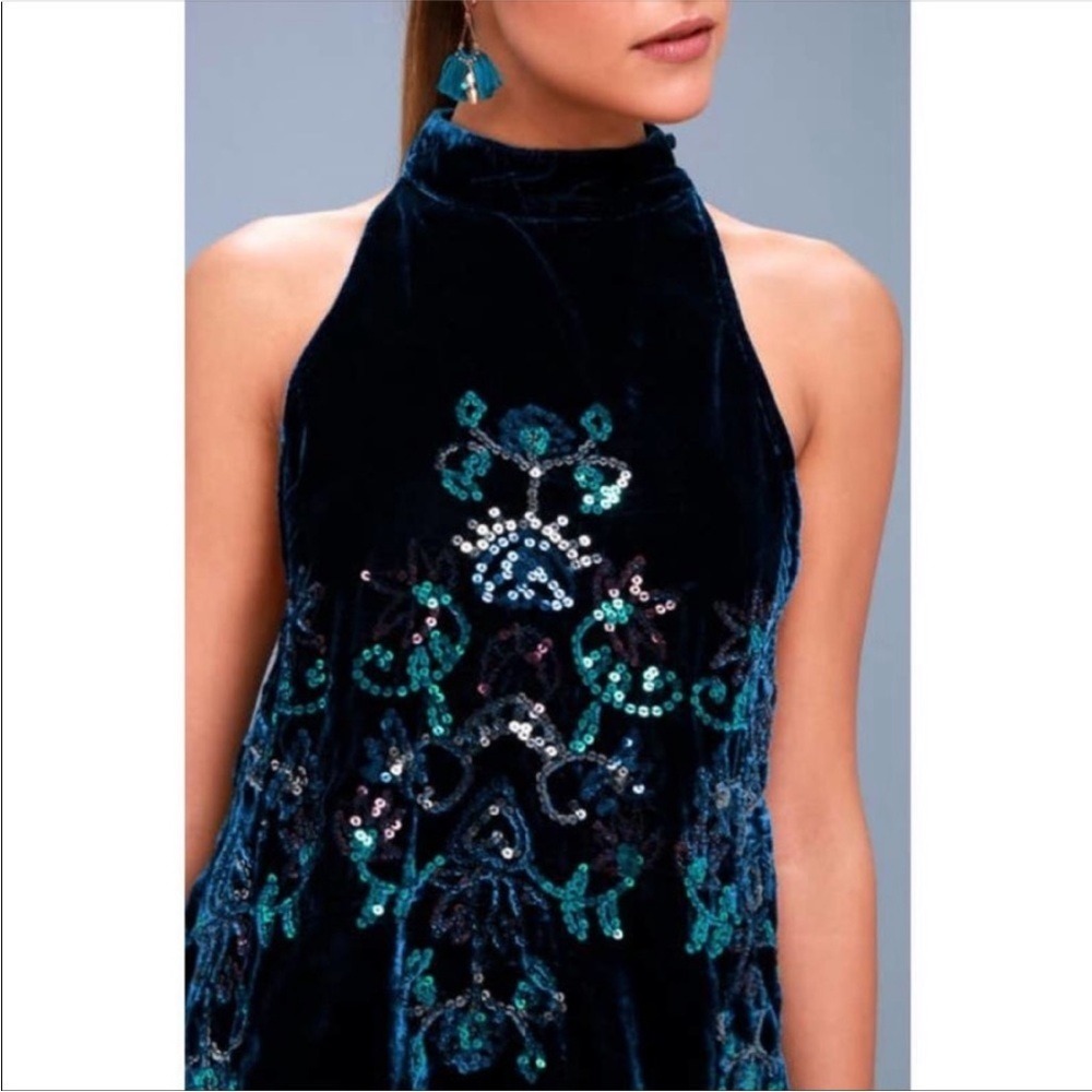 Free People Blue Velvet Sequin Boho Mock Neck Mini Dress Size S Whinsigoth - Picture 2 of 13
